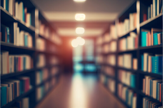 Abstract Blurred Empty College Library Interior Space. Blurry Classroom With Bookshelves By Defocused Effect. Use For Background Or Backdrop In Book Shop Business Or Education. Generative AI