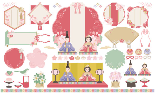 ひなまつり|きれい色の和風フレームと小物飾りセット_テキストなし