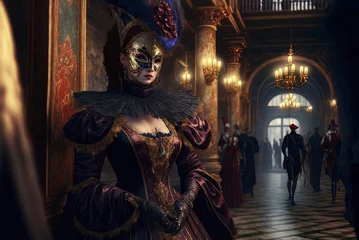 Foto op Canvas Woman Wearing a mask and traditional costume at Venice Carnival masked ball inside a palace bathed in golden light. Ai generated art © Shootdiem