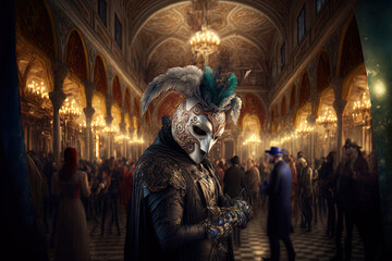 Fototapeta premium Man Wearing a mask and traditional costume at Venice Carnival masked ball inside a palace bathed in golden light. Ai generated art