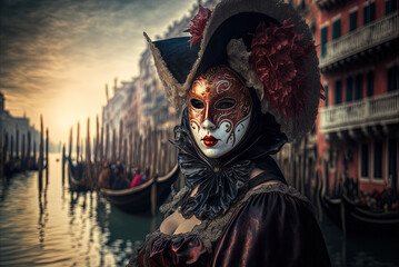 Obraz na płótnie Canvas Woman at sunset Wearing a mask and traditional costume at Venice Carnival masked ball.. Ai generated art