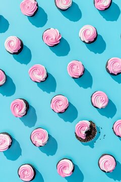 Top Down Chocolate Cupcakes with Pink Frosting with Bite Taken Out