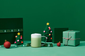 Traditional eggnog cocktail with christmas decorations.