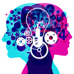 2-person back-to-back silhouette overlaid with semi-transparent numerals and linked shapes. Overlaid centrally is a light globe and 5 gears.