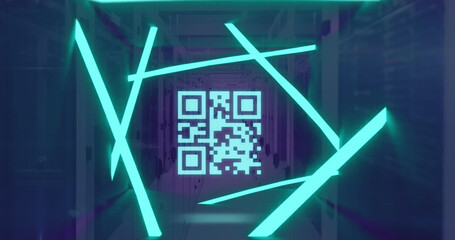 Image of qr code and neon shapes over computer servers