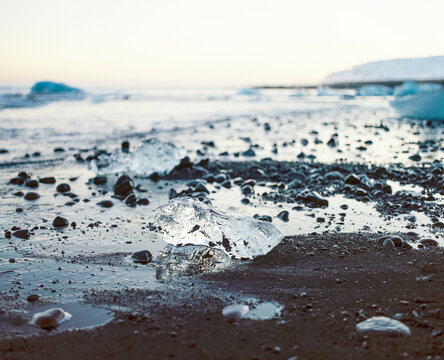 Blocks of ice on a black sand beach