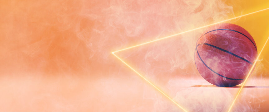 Composite of illuminated triangle and basketball isolated on orange smoky background, copy space