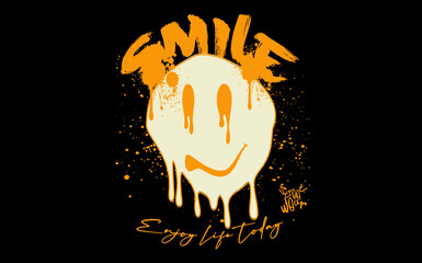 Retro distorted melting smiley emoji illustration print with graffiti smile slogan for man and  woman graphic t shirt - obrazy, fototapety, plakaty