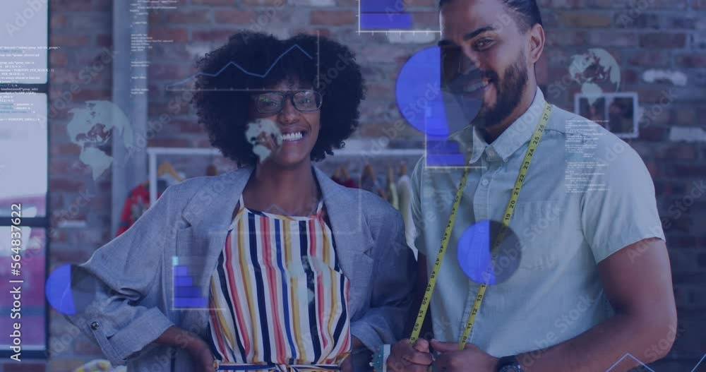 Poster animation of portrait of diverse business people in office smiling over data processing