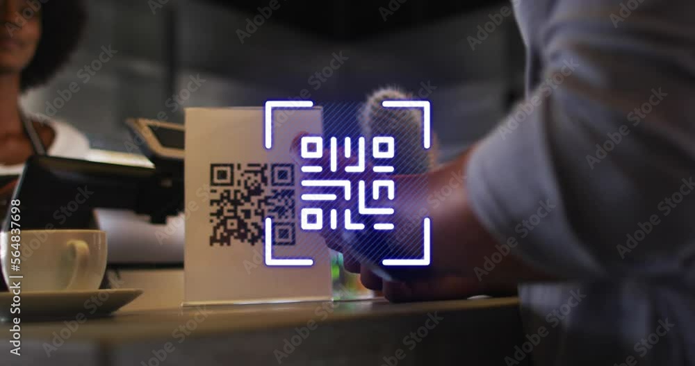 Poster animation of qr code over biracial man paying in cafe with smartwatch
