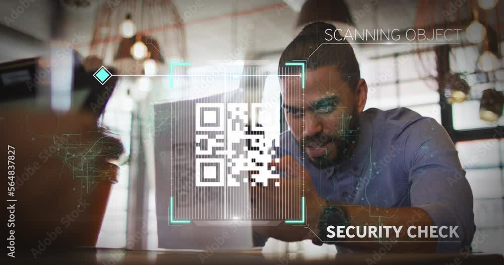 Poster animation of data processing over biracial businessman using smartphone