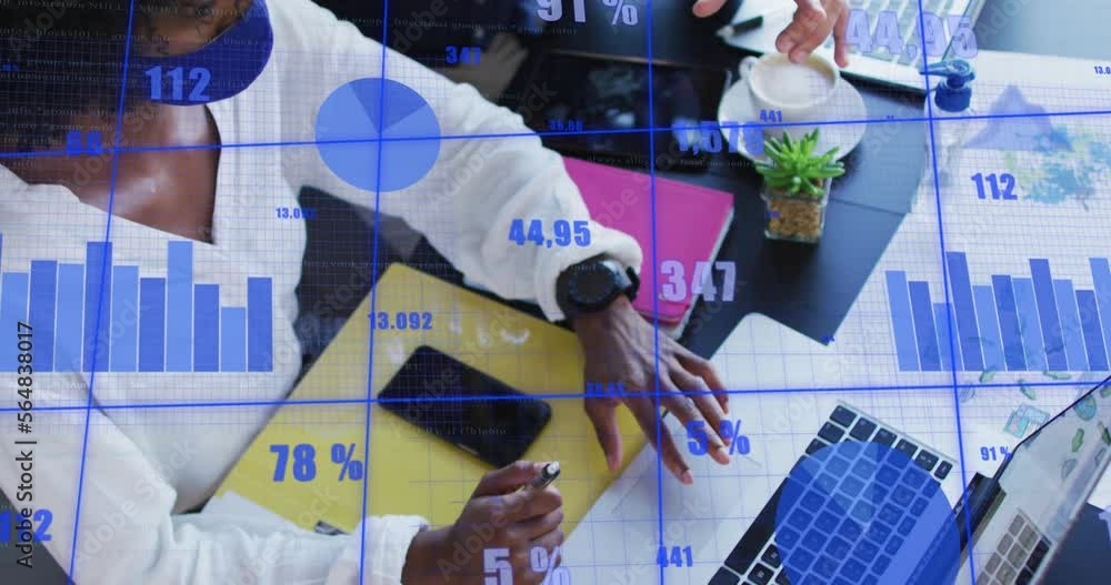 Poster animation of data processing over diverse business people talking with face masks