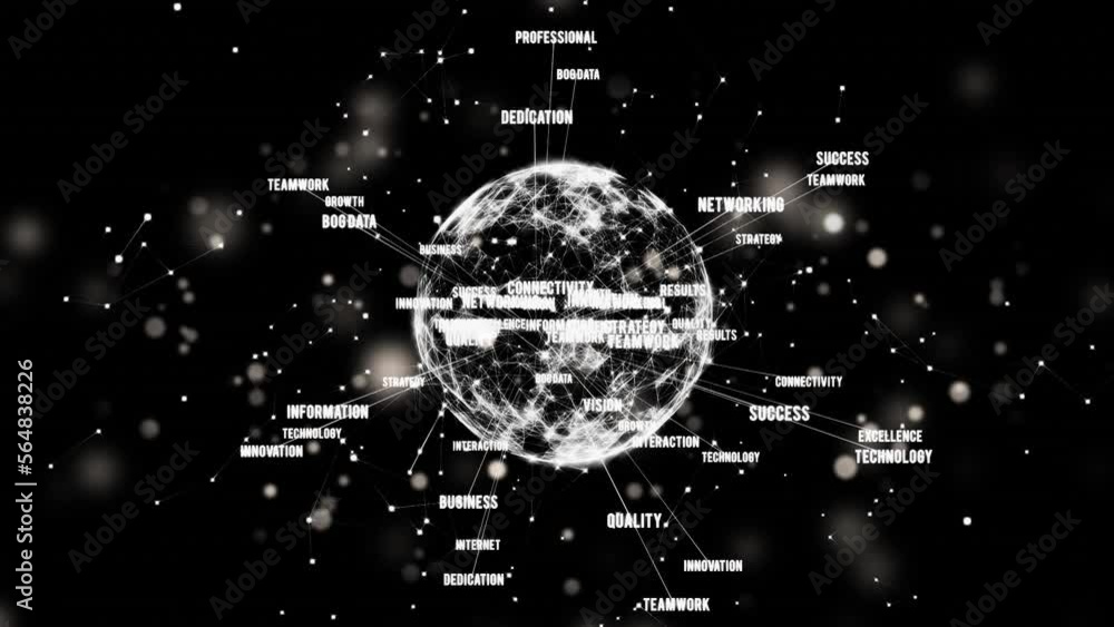 Poster animation of light spots over globe with network of connections with texts on black background