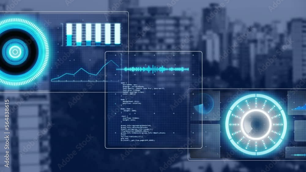 Poster animation of data processing with scope scanning over cityscape