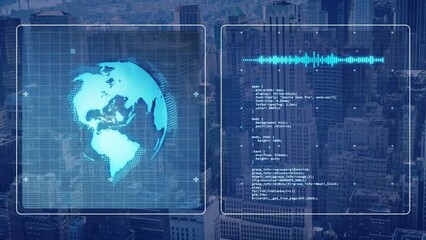 Animation of data processing with globe over cityscape - Powered by Adobe
