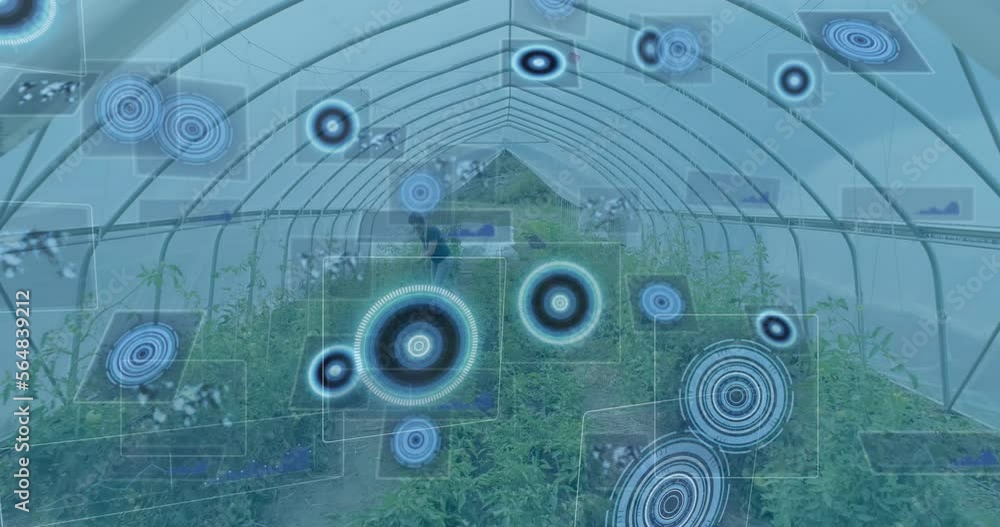 Aufkleber animation of data processing with scope scanning over people working in greenhouse