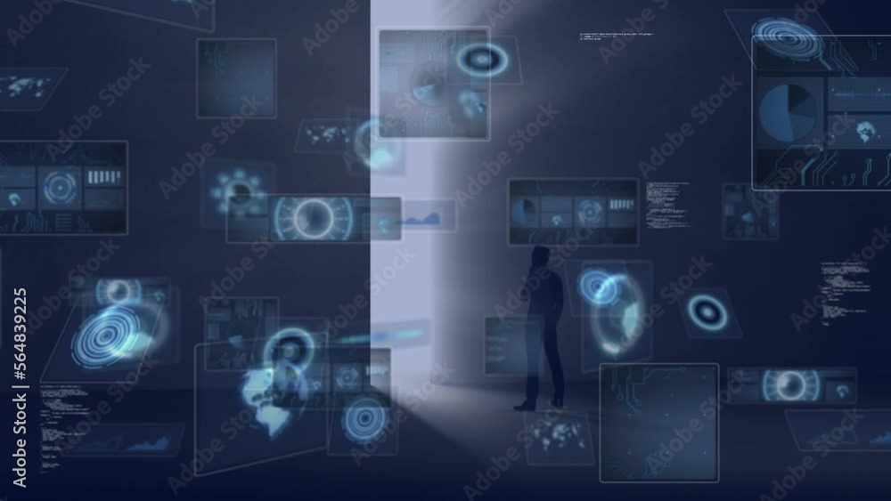 Poster animation of data processing with scope scanning over man silhouette and light trails