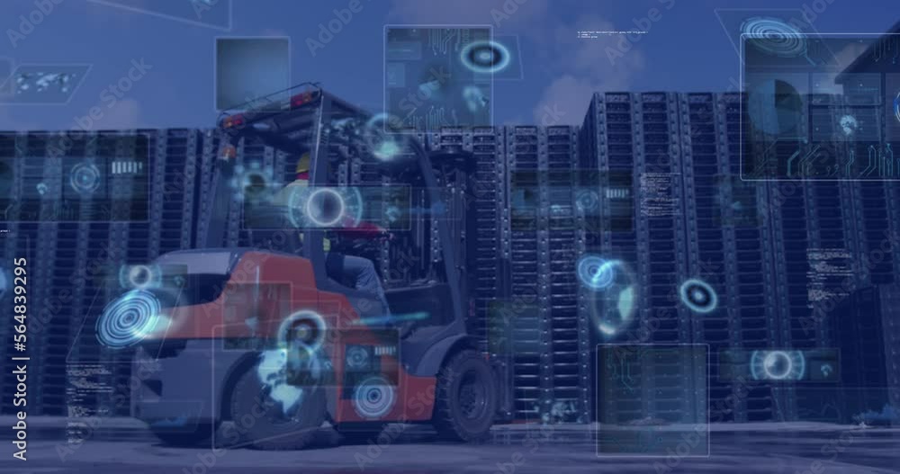 Poster animation of data processing with scope scanning over caucasian worker in warehouse