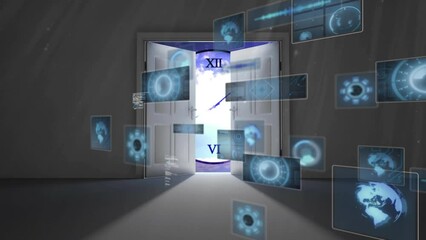 Animation of data processing with scope scanning over door and clock
