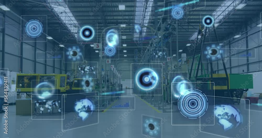 Poster animation of data processing with scope scanning over diverse workers in warehouse