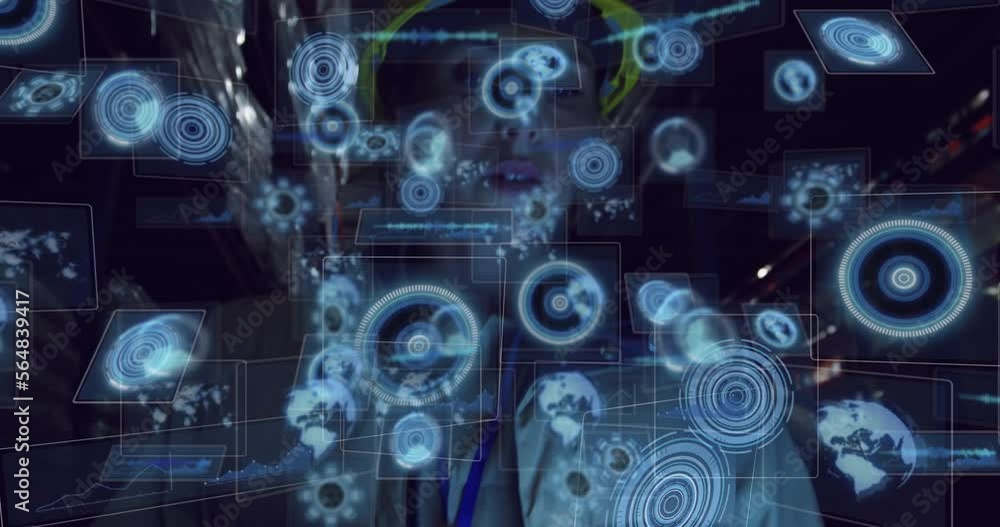 Poster animation of data processing with scope scanning over caucasian female worker in warehouse