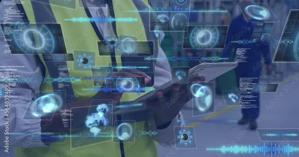 Poster animation of data processing with scope scanning over african american worker in warehouse