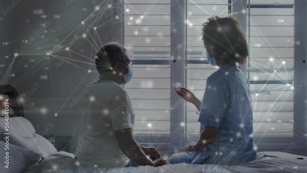 Poster animation of connections with data processing over diverse doctor and patient talking