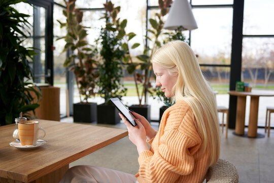 Glad Female Using Smartphone In Restaurant