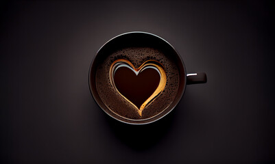 Black cup of coffee with heart shape on black background. Top view with copy space. Generative AI.