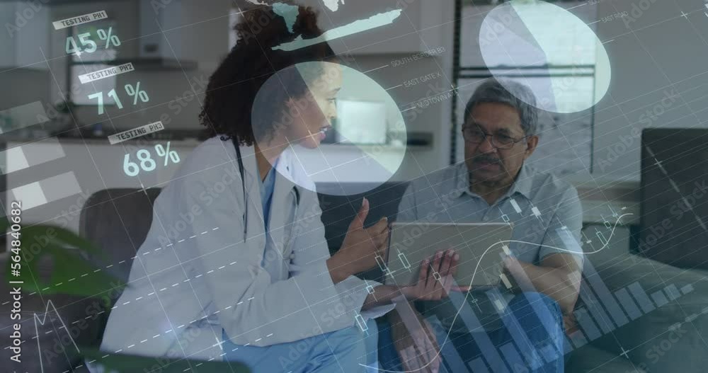 Poster animation of financial data processing over diverse doctor and patient using tablet