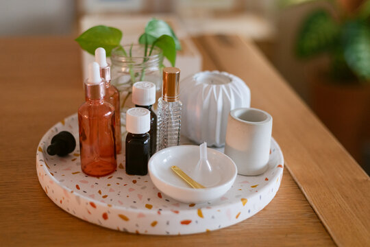 Tray with natural spa cosmetics tabletop