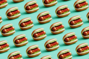 Hot dog pattern on green pastel background.