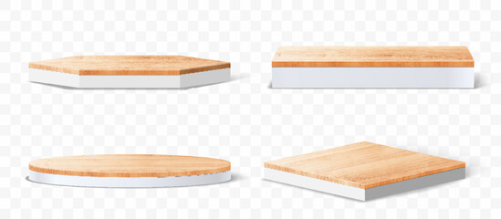 3D Vector set of wood pedestals podium, Abstract geometric empty stages wooden exhibit displays award ceremony product presentation
