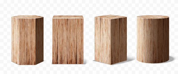 Set of Vector wood podium Pedestals, abstract geometric empty museum stages, exhibit displays for award ceremony presentation. Gallery platform, Blank Wooden product stands, Realistic 3d