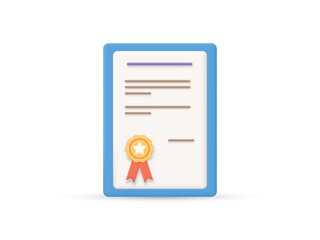 3D certificate icon. Achievement, award, grant, diploma concept