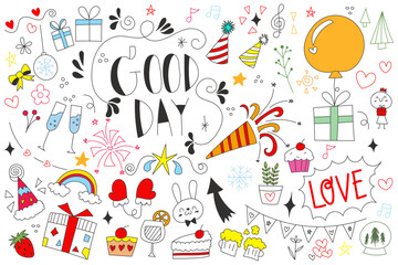 Handdrawn elements of Celebration isolated over white background. Vector illustration.