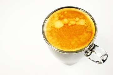 hot black coffee put on white table background