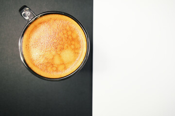 hot black coffee put on white and black table, freshness hot coffee