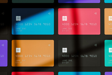 Colorful credit cards on a dark background