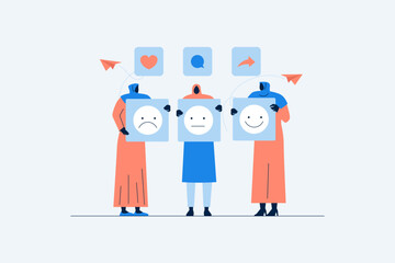 An illustration of a couple of women holding a picture of consumer feedback