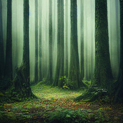 Green Forest in Fog