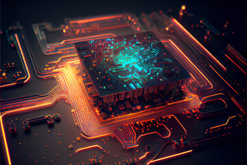 Abstract Glowing Electronic Chip Circuit Motherboard AI Generative