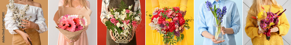 Sticker Collage with women holding bouquets of flowers on color background