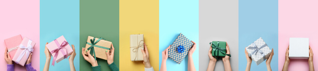 Many hands with beautiful gift boxes on colorful background