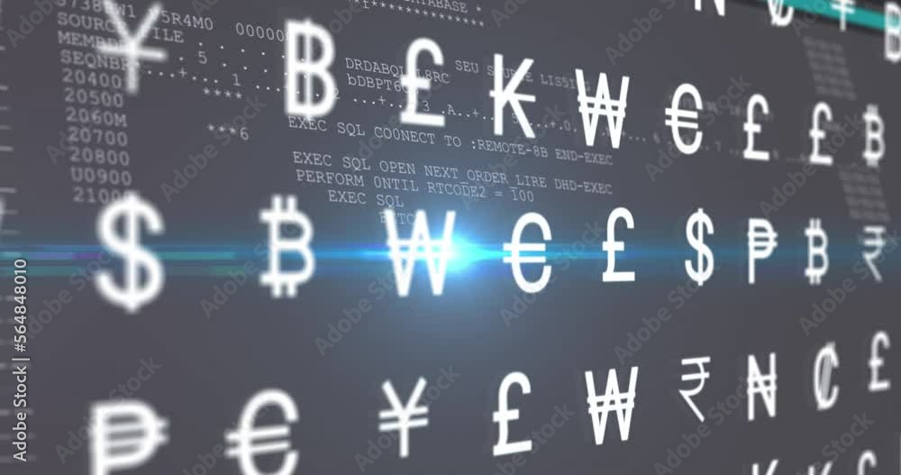 Aufkleber animation of multiple currency symbols moving and lens flare over computer language on screen