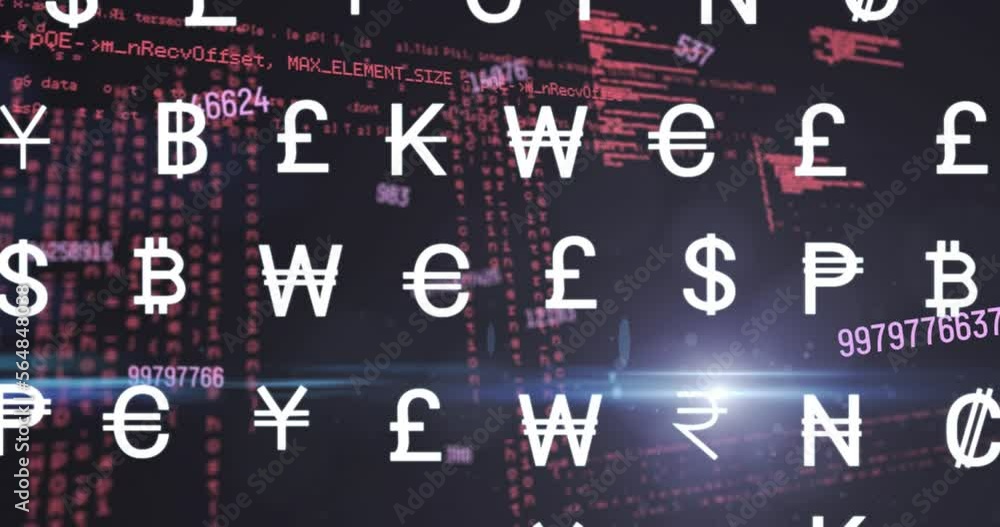 Poster animation of currency symbols with changing numbers and computer language on black background