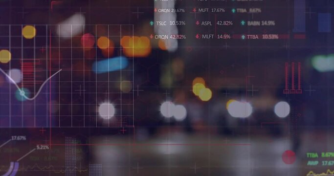 Animation of stock market data and multiple graphs over defocused lights and people on street