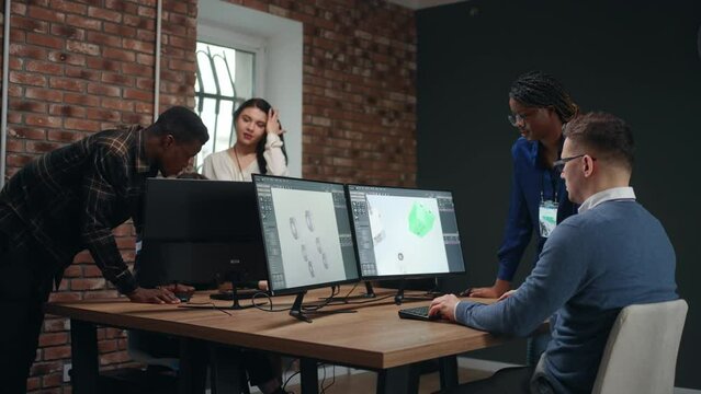 international team of professional 3D engineers and designers creating project, multiethnic group