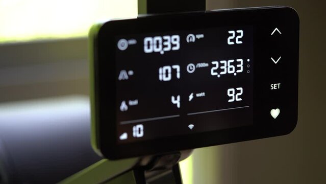 Closeup Of Rowing Machine LCD Monitor Displaying The Rower Performance
