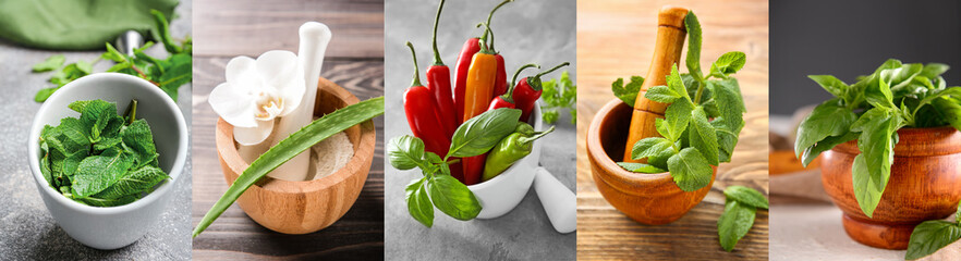 Collage of mortrars with fresh herbs and cosmetics on table